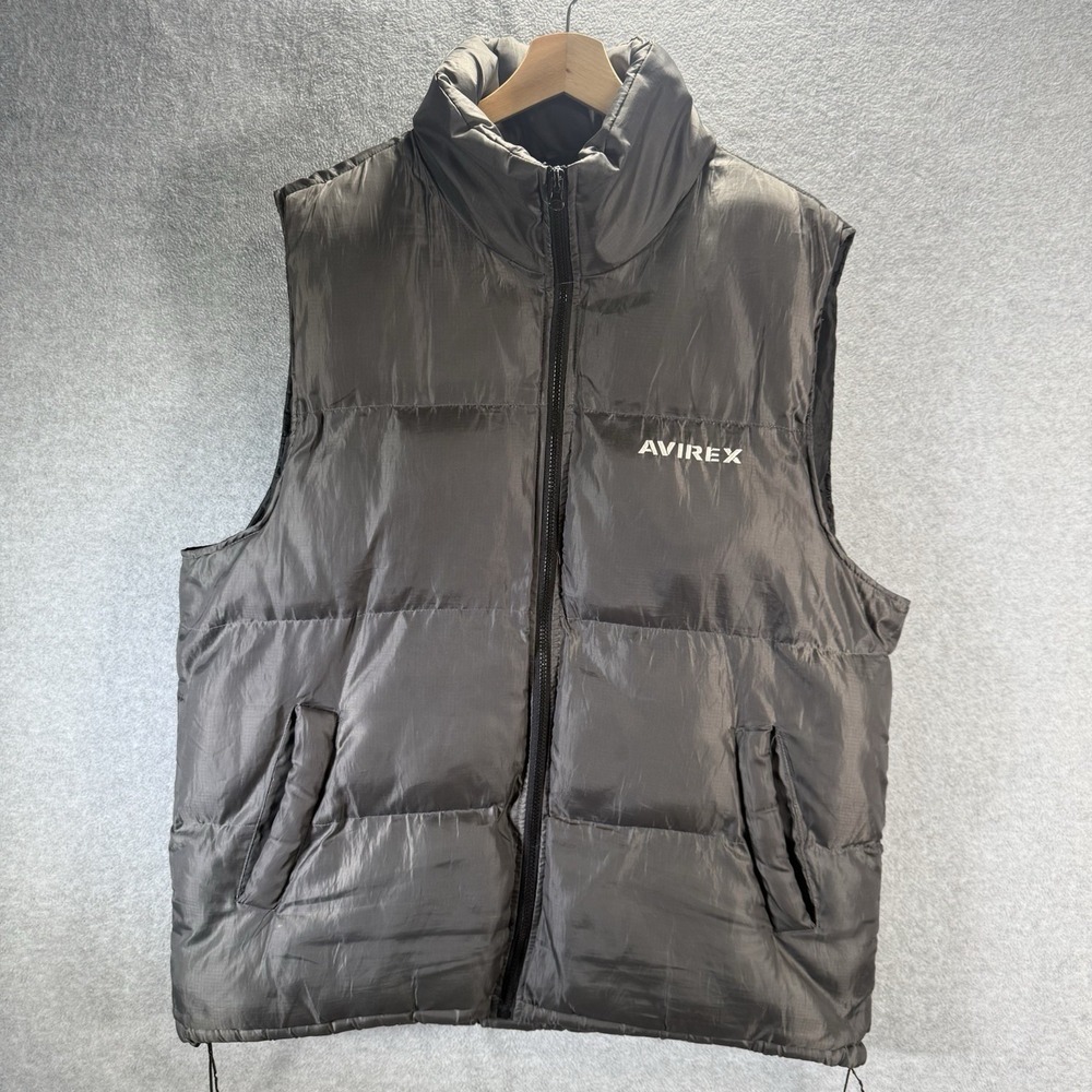 Avirex Superior Puffer Vest Mens Large Large Gray Full Zip Hidden Hood